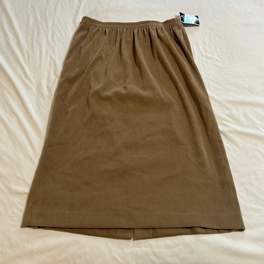 Leslie‎ Fay Tan Faux Suede Midi Skirt Elastic Waist Back Vent Brown Size 14 NWT